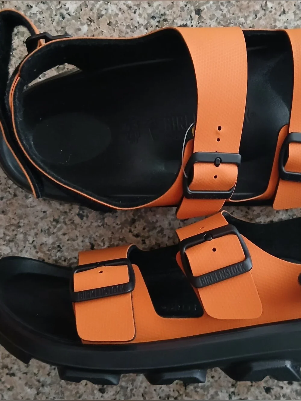 Birkenstock Men’s Orange Dual-Buckle Sandals with Black Buckles